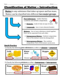 This worksheet set guides students through the following topics: Pure Substances vs. Mixtures, Elements vs. Compounds, Homogeneous Mixtures vs. Heterogeneous Mixtures, and identifying real-world examples. Contains notes, multiple examples (including infographics), three (3) full pages of practice problems, and a full answer key!