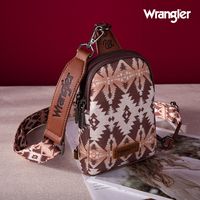 Made of Canvas and PU leather, this Crossbody Bag has: Allover Aztec pattern print Leather Wrangler logo applique on the front Secure Anti-theft Back Pocket Compact and Exquisite - Measuring 5.2" x 1.8" x 7.8", this crossbody bag is specifically designed for women. Stand out on any occasion with its stylish and versati