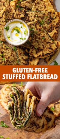 Gluten Free Stuffed Flatbread - This stuffed flatbread is filled with a delicious mix of Swiss chard, parsley and cheese – but the filling recipe is flexible and you can tweak it to use whatever ingredients you have on hand. The gluten free dough handles beautifully: you can easily roll it out until it’s very thin and assemble the flatbread without any issues or tearing. It’s then pan-fried until golden and crispy and simply irresistible. Gluten free bread recipes. Easy lunch ideas.