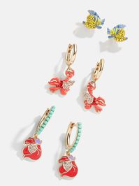 Ideal for under the sea or simply any other adventure, The Little Mermaid Disney Earring Set was made for fans of Disney's classic film. This set includes two pairs of huggies and one pair of studs. Ariel, Sebastian and Flounder each get their spotlight and are crafted with enamel, pavé, and gold. This is an officially