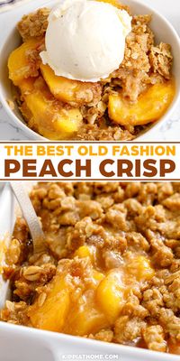 Peach Crisp showcases fresh summer peaches. These irresistible peaches are nestled in a warm, sweet syrup topped with a buttery crunch topping. Served warm, topped with a scoop of vanilla ice cream for the perfect summer treat. #kippiathome #peachrecipe #peachcrisp