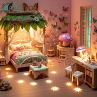 This image shows a charming fairy bedroom with a cozy atmosphere. The room is filled with soft pastel colors and delicate decorations, creating a dreamy and enchanting space. A comfortable bed adorned with fairy lights and a whimsical canopy adds to the magical ambience. The walls are adorned with fairy-themed art and a fairy figurine sits on the bedside table. The room is a perfect sanctuary for any fairy lover to escape and immerse themselves in a magical world.