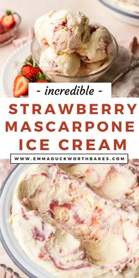 This No-Churn Mascarpone Ice Cream is rich, smooth and creamy. With a roasted strawberry sauce swirled throughout, the sweet fruitiness sits perfectly alongside this easy-to-make ice cream.