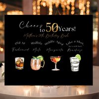 Editable 50th Birthday Signature Drinks Sign, Cheers to 50 Years Drink Menu, 50th Custom Drink Menu Sign for Male or Female, Drink up Black and Gold Bar Table Sign, Black Birthday Bar Custom Sign. Set the tone and create beautiful memories for your next event!  Start personalizing your 10x8 Custom drink sign today! *Matching Invitation: https://gracetailoredprints.etsy.com/listing/1751270612 What you'll get?  One 10x8 (Landscape) Black & Gold template sign Edit to add your personal drinks titles