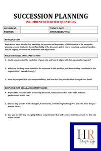 As part of the Succession Planning process this Incumbent Interview Question Guide is seen as a strategic tool used in human resources to facilitate the process of identifying and preparing potential candidates to fill key positions within an organization, should the current incumbents leave or move to different roles. This guide is particularly useful in ensuring the continuity of leadership and critical skills necessary for the organization's success.