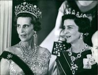 Close up of Princess Olga in the Boucheron diamond tiara, with her younger sister, Princess Marian, Duchess of Kent, Athens 1962.