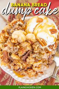 Banana Bread Dump Cake recipe - so easy! Only 6 ingredients – bananas, evaporated milk, pecans, caramel sauce, cake mix, and butter. Simply dump everything in the cake pan and bake! No dirty dishes! Serve warm or at room temperature with ice cream. Great for a crowd! We love this at potlucks, summer cookouts, Thanksgiving, Christmas, and Easter!