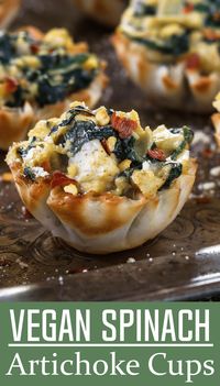 Vegan Spinach Artichoke Cups ~ a crowd favorite tucked inside a crispy and flaky shell. #vegan #appetizer