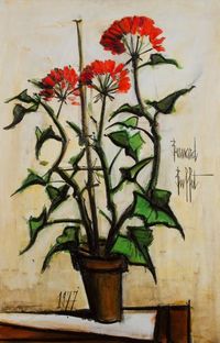 Bernard BUFFET (1928-1999) pot de géranium, 1977 Huile sur toile Signée sur la droite. Datée en bas vers la gauche. Titrée au dos au crayon sur le châssis. 100 x 65 cm L'oeuvre est référencée dans les… - Ader - 10/12/2014