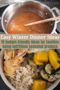 A variety of cold weather dinner ideas using seasonal produce and budget friendly ingredients. 19 different dinner ideas with instructions and variations included. Family friendly, healthy, nutritious meals for busy families.  Winter Produce | Cooking with the Seasons | Easy Meals for Families | Dinner Inspirations | Cold Weather Dinner Ideas | Easy Dinner Ideas