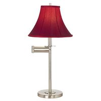 A vibrant and elegant red dupioni silk bell lamp shade on this brushed nickel swing arm desk lamp is a stand out addition fit for any modern living space.