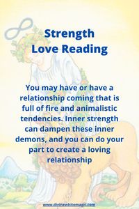 This image explains the meaning of the Strength Tarot Card when it appears in a love reading