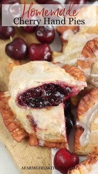 3min · 12 servings     Cherry hand pies are easy to make, freezer friendly and can be fried or baked. Homemade cherry pie filling is made with simple ingredients in about 20 minutes.  Ingredients Needed:  • Bing cherries, pitted (use fresh or frozen cherries)  • butter  • sugar  • lemon juice  • cornstarch  • cold water  • Homemade pie crust or biscuit dough  Find the recipe at AFARMGIRLSKITCHEN.COM  Google "Cherry Hand Pies A Farmgirl's Kitchen"  For the FULL recipe copy & paste the recipe link into your browser - https://afarmgirlskitchen.com/cherry-hand-pies/