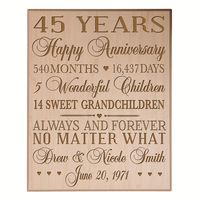 Personalized 45th wedding anniversary wall plaque. Honor the happy couple with a treasured and lasting personal keepsake for wedding or anniversary. Our Custom Made 45th Anniversary plaque can be displayed on tabletop or hung on wall Natural solid wood has characteristics which include knots, mineral deposits & variations in grain, and color. Natural Color Variations are created during the tree growth. Depending on where the piece was positioned within the tree will determine the color. Ligh