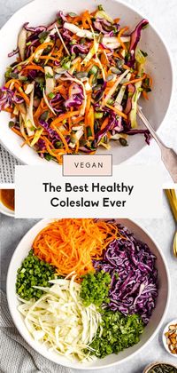 The BEST healthy coleslaw made with fresh purple cabbage, carrots, cilantro, and a kick of heat from jalapeño. There's no mayo or sugar, just a naturally sweet and slightly tangy dressing with a hint of pure maple syrup. This simple, healthy coleslaw recipe is vegan, paleo & dairy free and perfect for serving all summer!