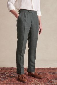 Green Single Pleat Linen Trousers | New & Lingwood