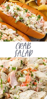 This crab salad is a flavorful take on seafood salad, made with imitation crabmeat, celery, green onions, mayonnaise, and some Old Bay seasoning for tons of flavor. Delicious with crackers or stuffed into buns for an inexpensive but delicious play on lobster rolls!