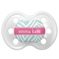 Mint & Hot Pink Zebra Stripes & Monogram Baby Pacifier