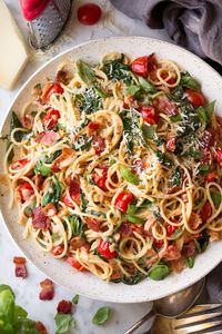 Bacon Tomato and Spinach Spaghetti. A creamy, hearty spaghetti dish that's sure to satisfy. Loaded with plenty of bacon, spinach and tomatoes to create a delicious flavor combination that will leave you craving more!