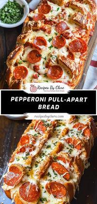 Looking for a crowd-pleasing snack? Try this Savory Pepperoni & Mozzarella Pull-Apart Bread! With layers of gooey cheese and spicy pepperoni, all brushed with a herby garlic butter, it’s the perfect indulgence.  Ingredients:  1 loaf Italian bread (1 lb) 1 cup shredded mozzarella cheese 1/4 cup melted butter 1/2 tsp dried basil This pull-apart bread is the perfect balance of cheesy, buttery, and spicy flavors!