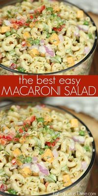 This Easy Macaroni Salad recipe is the perfect side dish to bring to Summer BBQ's, parties and more! Easy macaroni salad is loaded with veggies, cheese and more. You will love the creamy dressing in Macaroni salad recipe. Try this Pasta salad with mayo. Everyone will love this simple Elbow macaroni salad! #bbq