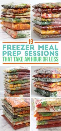 19 Freezer Meal Prep Sessions You Can Make In An Hour Or Less, scroll down and click orange banner for recipes