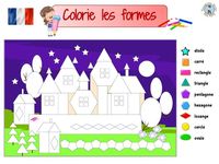 Help your child learn to recognize basic shapes in french with this fun coloring worksheet. https://treasurehunt4kids.com #free #game #worksheet #geometry #activity #kids #teaching #printable #coloring