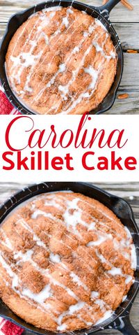 Carolina Skillet Cake is so easy to make. You will want to pull out your cast iron skillet and make this today. The cinnamon crumb topping is sprinkled on the top and poked into the cake. Serve warm with a drizzle of powdered sugar glaze. Yum!