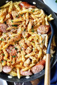 One Pot Cajun Chicken Alfredo - Tender chunks of chicken with smoky pieces of sausage in a rich and delicious homemade alfredo sauce.