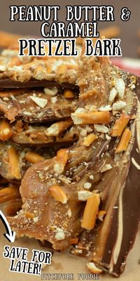 Peanut butter caramel bark is the easiest microwave, no-bake candy recipe! It's like chocolate-covered pretzels and has that addicting salty-sweet flavor! Plus it has caramel to take it over the top! Whip up this dessert recipe in no time for parties or a sweet treat for the family.