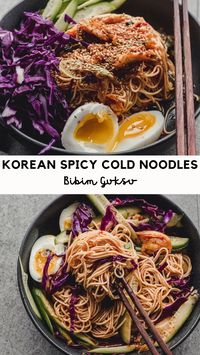 A refreshing Korean dish that takes 15 minutes from start to finish: Bibim Guksu or Korean Spicy Cold Noodles! Quick cooking Somyeon noodles and a simple pantry sauce make it especially easy and fast. Top with kimchi and a soft-boiled egg for the perfect hot-weather meal!