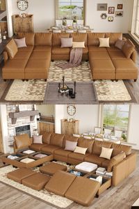 Transform your living room with this 171" large U-shaped modular sectional sofa. Features 14 seats, chaises, and ample storage. Crafted in elegant faux leather for a luxurious look. #ModularSofa #LivingRoomFurniture #FauxLeather