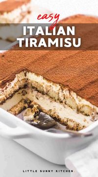 This easy Tiramisu recipe is made with espresso-soaked ladyfingers, and custard mascarpone cream. It's a no-bake dessert, and can be made ahead!