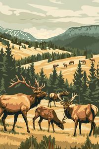 A silk-screen print illustration of a travel postcard featuring a herd of elk in Colorado.