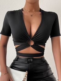 Black Sexy  Short Sleeve Polyester Plain  Embellished Slight Stretch Summer Women Tops, Blouses & Tee