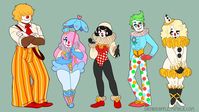 Humpty, Cupcake, BooBoo, Pockets, and Sugar the clowns