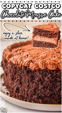 Copycat Costco Chocolate Mousse Cake made easy with a cake mix, a luscious chocolate mousse & topped with decadent chocolate frosting and cookie crumbs!