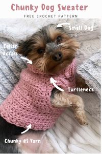 Free crochet pattern for a dog sweater made with chunky yarn. The chunky dog sweater is suitable for small dogs or puppies. It has a little opening before the turtleneck collar for easy access for your leash.