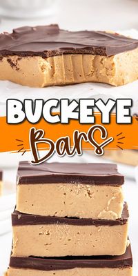 Buckeye Bars is a simple no-bake peanut butter and chocolate dessert recipe based on the classic Ohio state candy ball but made easier in bar form. This naturally gluten-free sweet treat can be prepared in 15 minutes using only 6 ingredients.