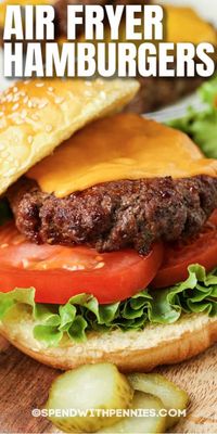 Hamburger patties made in the Air Fryer have just 5 ingredients so they are super easy to make. Whether making sliders or juicy giant burgers, this recipe is foolproof. #spendwithpennies #airfryerhamburgers #recipe #maindish #hamburgerpatties #best #homemade #cheeseburgers #sliders #juicy #easy