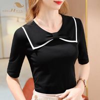 AU $19.09 30％ Off | SISHION Half Sleeve Bow Neck Women Autumn T Shirt VD2335 Vintage Black White Cotton Blouses Tops