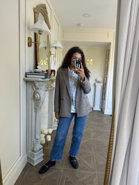 Wondering how to keep up with trending fall outfits 2024 while utilizing your capsule wardrobe? Try this stunning chic outfit idea with a plaid blazer, straight leg jeans, white button down, cardigan, and loafers. Add a pop of fall color with burgundy socks!