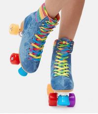 Retro Ravin' Denim Roller Skates get into the groove! T These Tie Dye Denim Quad Roller Skates have Rainbow Ombre Lace-Up closures, Multi Colored Wheels, Padded Rainbow Stripe Shafts, & Front Brake Stoppers.