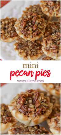 Everyone's favorite Pecan Pie baked in mini form! Sweet, bite sized, crunchy and delicious - these Mini Pecan Pies are great for holidays. #minipecanpies #pecanpies #minipies #pecanpierecipe #thanksgiving