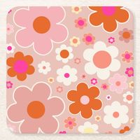 Colorful retro flowers: floral art – warm tones + peach background and white, blush pink, orange and yellow flowers.