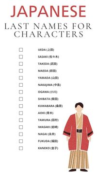 This Printable List of Japanese Last Names for Characters provides a selection of common Japanese surnames, each accompanied by its kanji representation. A traditional Japanese figure in a kimono adds cultural context, making it a useful resource for creating character names in stories or games. Easily download and print for quick reference as you build meaningful and memorable characters. #JapaneseLastNames #CharacterNames #WritingTips