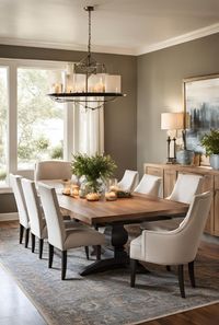 Make your dining room warm and inviting with a wooden dining table, upholstered chairs, a large area rug, and ambient pendant lighting. Create the perfect cozy dining space! #CozyDiningRoom #HomeDecor #DiningRoomDesign #InteriorInspo #WarmDining #CozyHome