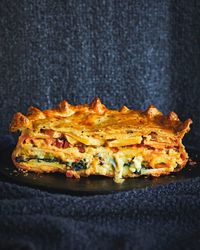 Cheese, potato, swede and chorizo pie