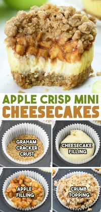 Delight in the perfect combination of apple crisp and cheesecake with these Apple Crisp Mini Cheesecakes! 🍏🧀 These mini desserts feature a creamy cheesecake filling topped with a sweet and crunchy apple crisp layer, all nestled in a buttery graham cracker crust. Easy to make and full of fall flavors, these Apple Crisp Mini Cheesecakes are a must-try! #AppleCrisp #MiniCheesecakes #DessertRecipe #FallBaking #BiteSizedTreats #CheesecakeLovers #EasyRecipes #HomemadeDesserts