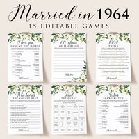 "There's no better way to celebrate a 60th wedding anniversary than with these 1964 games! The 15 editable anniversary party games are perfect for any couple celebrating their 60 years of marriage. Get your games instantly, personalize them and have a blast at the party! These elegant floral anniversary games are editable directly in your browser, using the easy-to-use web application JetTemplate. After purchase, you will receive an access email from JetTemplate to access the files and edit the templates. Easily edit colors, wording, font type, font size, font color, line and text spacing, and more right in your browser! After editing, save, and download in PDF or JPG format. There's no wait time. You will receive the download link as soon as you complete your purchase. All games measure 5